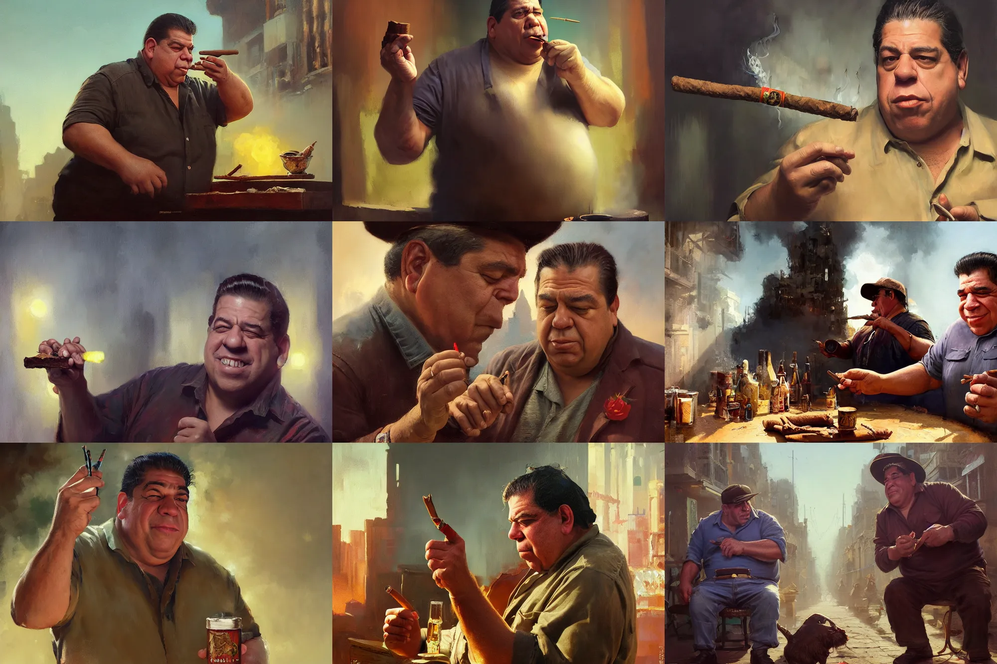 Prompt: an oil painting of uncle joey diaz offering you a cuban cigar, ultra realistic, highly detailed, masterpiece, cinematic by greg rutkowski, frank frazetta, beeple, christian macnevin, beeple, wlop, krenz cushart, epic fantasy character art, volumetric lighting, cgsociety