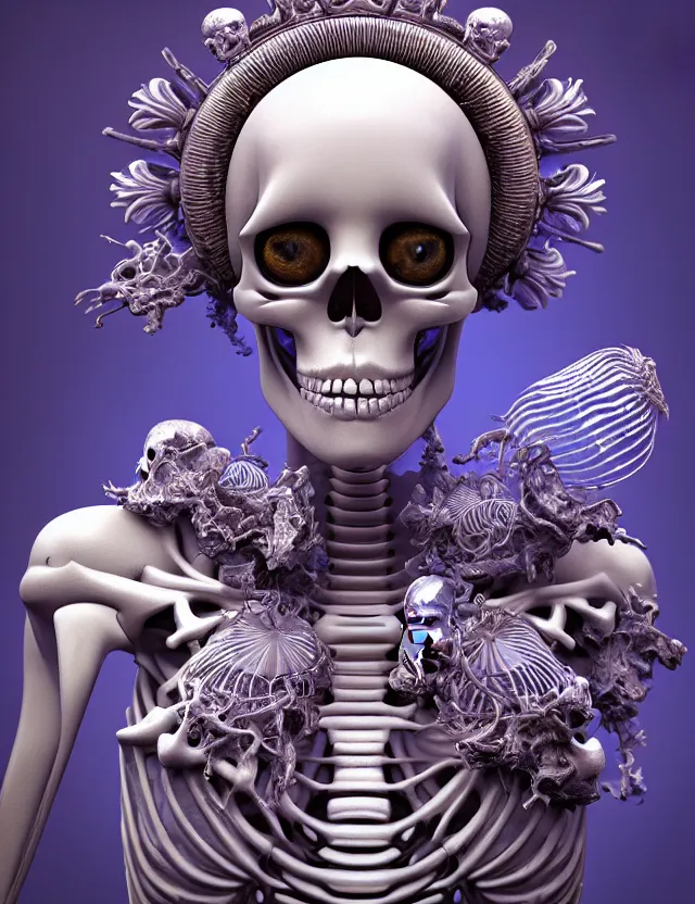 Image similar to 3 d goddess skeleton macro close - up portrait with crown made of ram skull. betta fish, jellyfish phoenix, bioluminiscent, plasma, ice, water, wind, creature, super intricate ornaments artwork by tooth wu and wlop and beeple and greg rutkowski