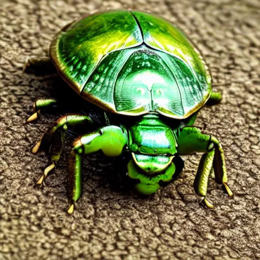 Image similar to hybrid of green beetle and turtle, photorealistic, close - up