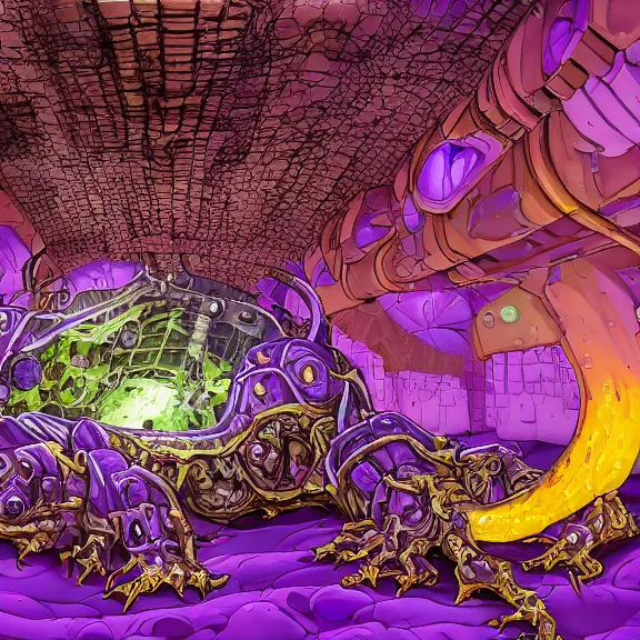 Prompt: detailed shot of inside a cavernous living stomach of a giant mecha dragon, the walls purple and pulsing, slimy and hot, lots of acid pooling up on the floor, digesting humans that ended up inside, swallowed by the dragon, food pov, micro pov, vore, digital art, furry art, high quality, 8k 3D realistic, macro art, micro art, Furaffinity, Deviantart, Eka's Portal, G6