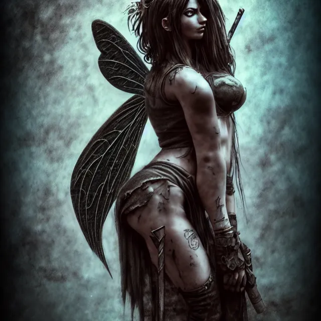 Image similar to full body pose, beautiful adult warrior fairy, dirty, grungy, grunge, highly detailed, 4 k, hdr, smooth, sharp focus, high resolution, award - winning photo, artgerm, photorealistic