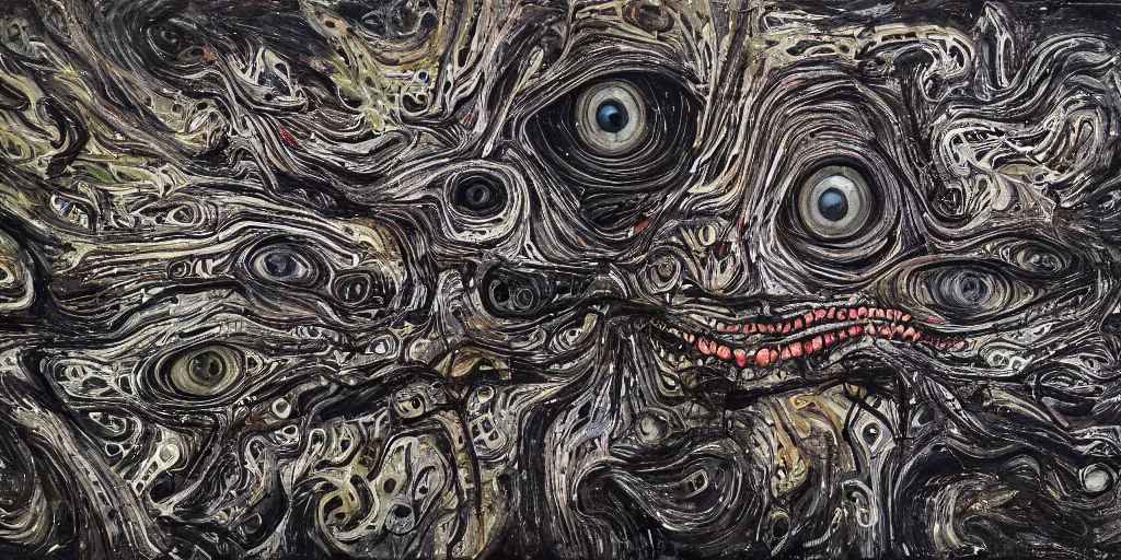 Image similar to camo made of eyes, technical, acrylic, teeth, eerie, tribal, clay, dotting, lines, stipple, points, cybernetic, style of old painting, francis bacon art, swirly eyes, hypnosis, eerie, terror, oil, neon, black and white background, splotches, colorful dots, ominous, terror, teeth, smiles