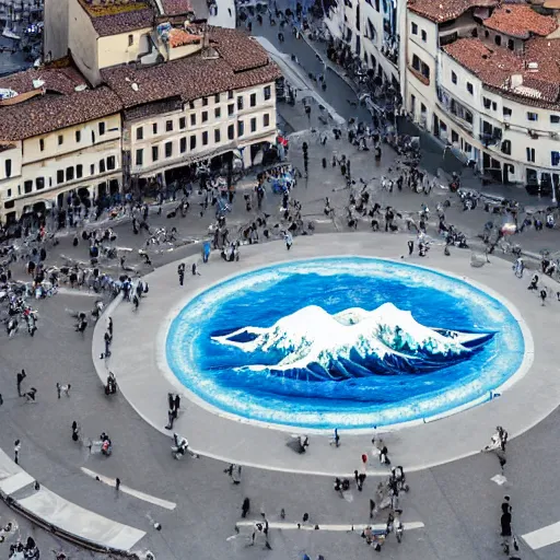 Image similar to A white and blue marble sculpture of The Great Wave off Kanagawa in the middle of an Italian piazza without people, midday, 4k photograph, sunny day, long shot, overhead view, far away