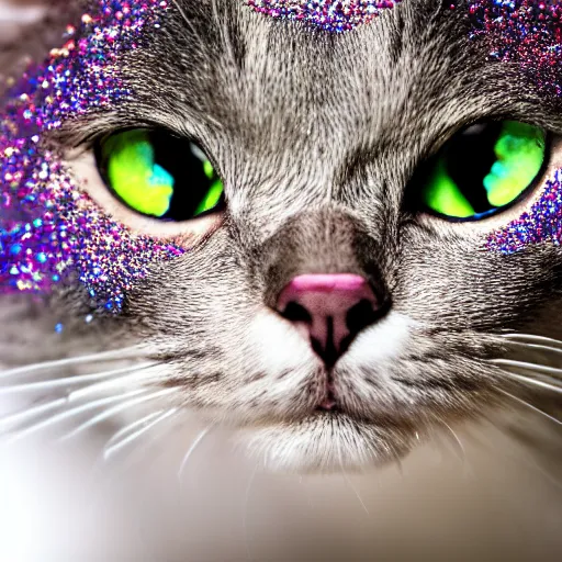 Prompt: a photo of an angry cat covered in glitter, highly detailed, photorealistic, f 2. 8