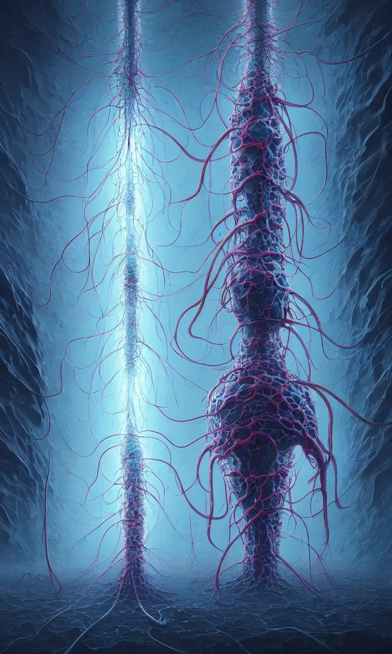 Image similar to internal lymphocyte virion rawandrendered synaptic fractality transmission embryonic beholder glial neurons cyberpunk nerve cells microscopic plankton by wojtekfus facey rossdraws. neuronal megacity neurone synapse by beksinski. # imaginativerealism