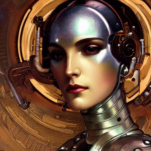 Prompt: close - up portrait of a beautiful female steampunk android in the style of ex machina, karol bak, alphonse mucha, greg rutkowski,