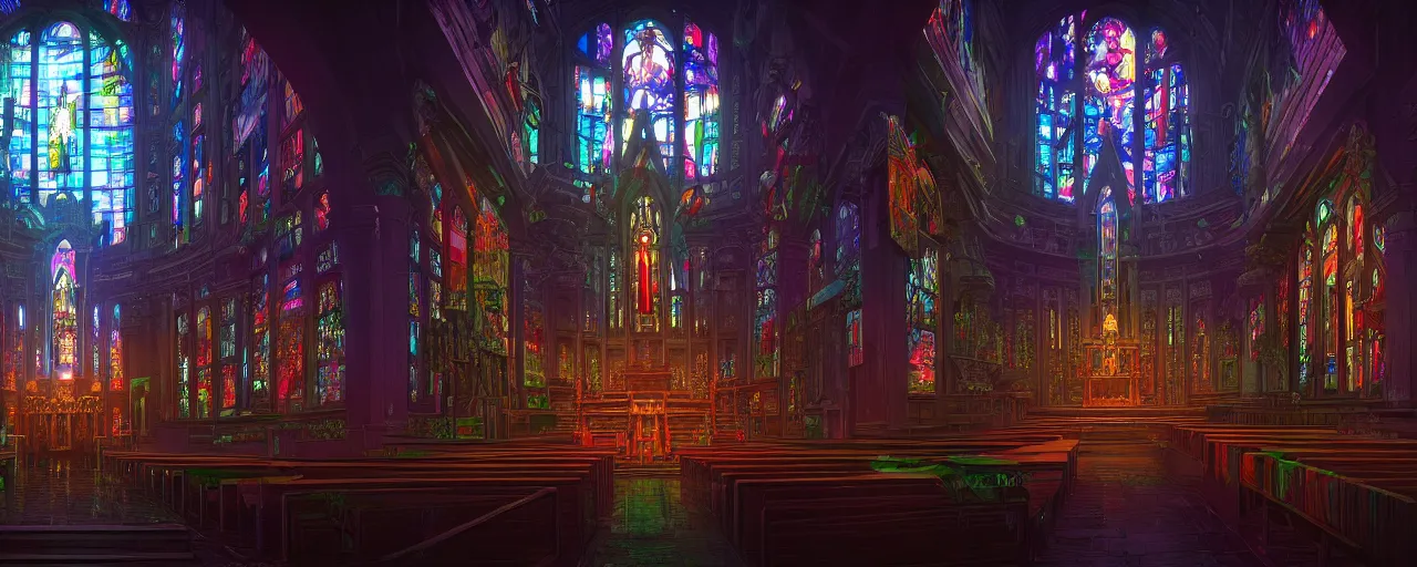 Image similar to A cyberpunk church altar, by Naomi Okubo, landscape, dramatic lighting, high contrast colors, panoramic view, as trending on Artstation,