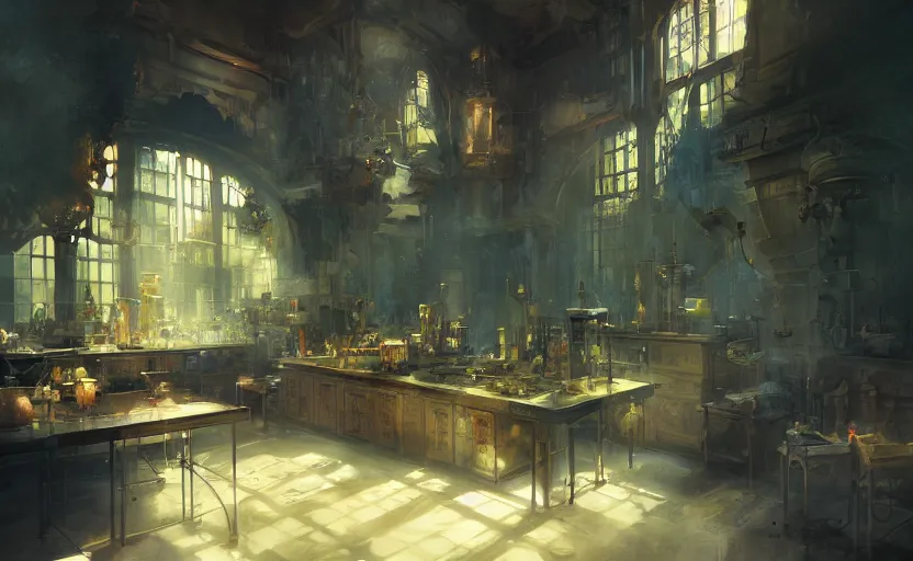 Image similar to Alchemy laboratory, elegant, volumetric lighting, digital painting, highly detailed, artstation, sharp focus, illustration, concept art, ruan jia, steve mccurry