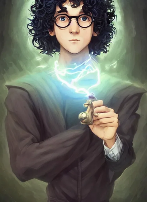 Prompt: close - ip shot, character portrait, a seventeen years old male!! ravenclaw wizard with black curly hair, wearing browline!! glasses!!! with a mandrake!!!, blue shiny lighting, beautiful fantasy art, film still, by artgerm and hayao miyazaki, by rutkowsky, trending on artstation