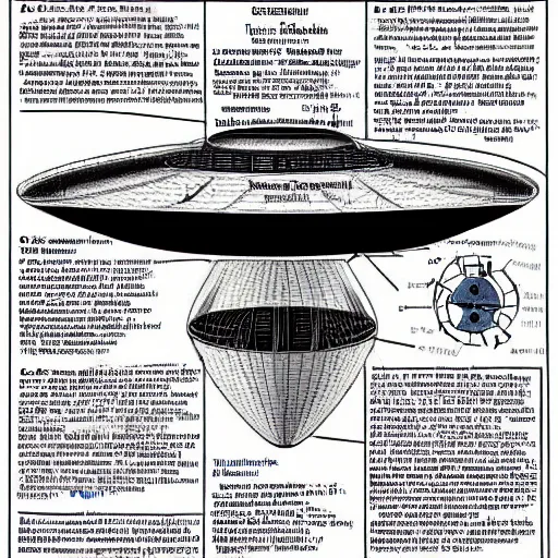 Image similar to a highly detailed technical schematic, blue - print, of a ufo propulsion system, for dummies, english texts, anti - gravity