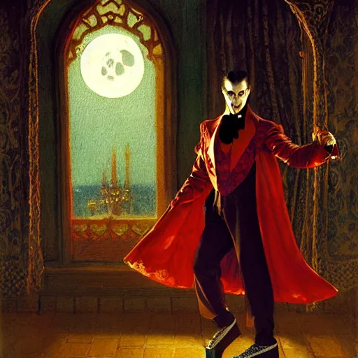 Image similar to attractive male dracula the vampire roller skating in a medieval style roller rink as a full moon shines through a window. highly detailed painting by gaston bussiere, craig mullins, j. c. leyendecker 8 k