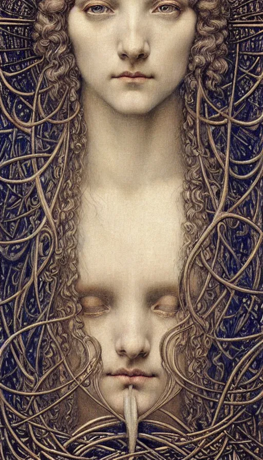 Image similar to detailed realistic beautiful young medieval queen face portrait by jean delville, gustave dore and marco mazzoni, art nouveau, symbolist, visionary, gothic, pre - raphaelite. horizontal symmetry