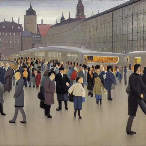 Image similar to painting of swedish commuters heading to the central business district of stockholm, painted by laurence stephen lowry, oil on canvas, national gallery