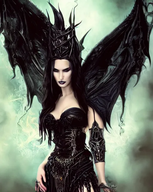 Prompt: very complex hyper-maximalist overdetailed cinematic tribal darkfantasy closeup portrait of a malignant beautiful young dragon queen megan fox with long black hair and dragon scale wings, Magic the gathering, pale skin and dark eyes,flirting smiling succubus confident seductive, gothic, vibrant high contrast, by andrei riabovitchev, tomasz alen kopera,moleksandra shchaslyva, peter mohrbacher, Omnious intricate, octane, moebius, arney freytag, Fashion photo shoot, glamorous pose, trending on ArtStation, dramatic lighting, fire and smoke, orthodox symbolism Diesel punk, mist, ambient occlusion, volumetric lighting, Lord of the rings, BioShock, glamorous, emotional, tattoos,shot in the photo studio, professional studio lighting, backlit, rim lightingDeviant-art, hyper detailed illustration, 8k