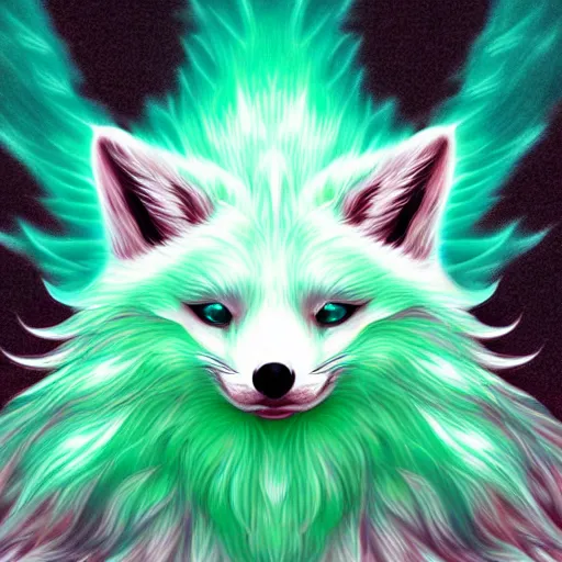 Prompt: digital white and minty green fox, retrowave palette, digital world, highly detailed, electric breeze, anatomically correct vulpine, synth feel, fluffy face, ear floof, flowing fur, super realism, accurate animal imagery, 4 k digital art