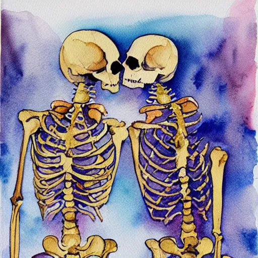 Prompt: skeleton couple kissing, watercolor painting, - n 4