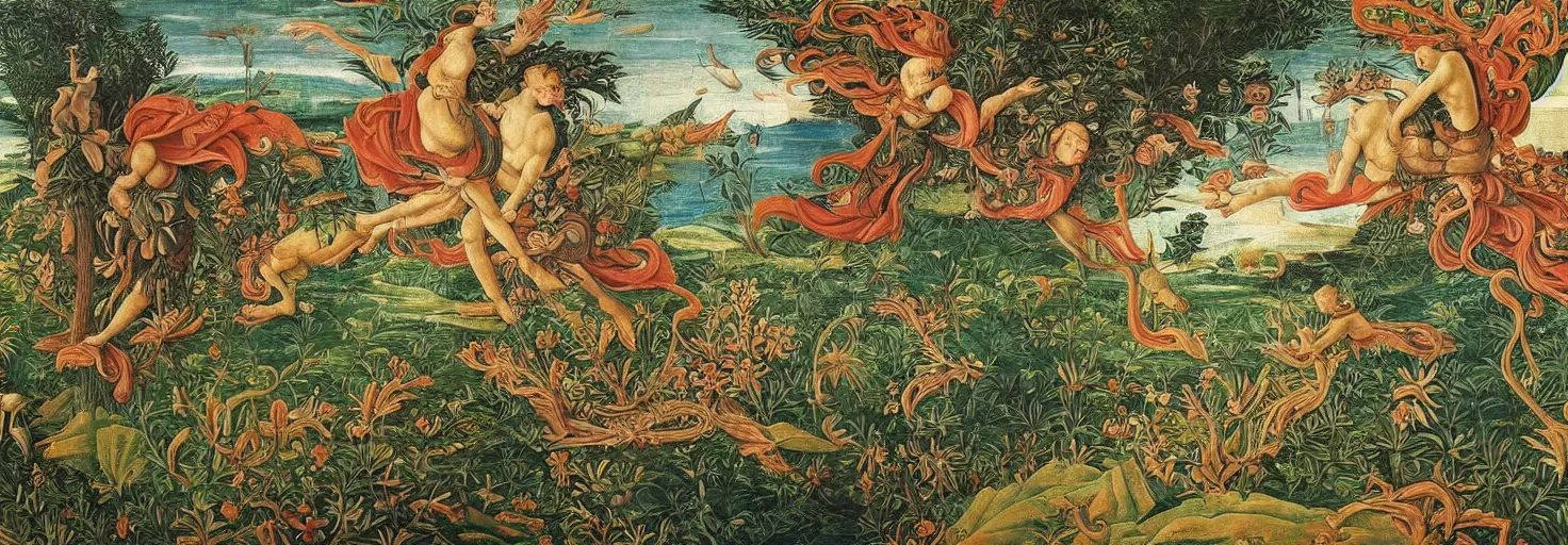 Prompt: beautiful patterned mural a corrupted alien planet, lush landscape, vivid colors, beautiful flower variation, intricate painting, highly detailed, masterful, fantasy world, no people, in the style of sandro botticelli, caravaggio, albrecth durer