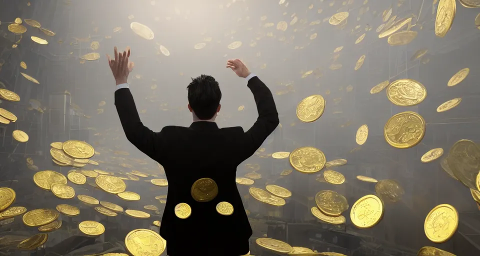 Prompt: Dramatic photo of a man in a suit waving to a large group of people in a futuristic office. Golden coins are levitating all around them. 8k, high detail, trending on Artstation, volumetric lighting, cyberpunk