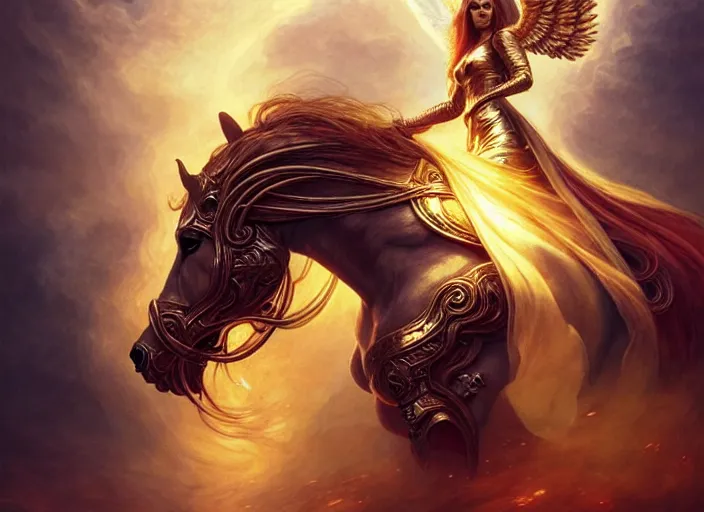Prompt: demonic horse and angelic woman in armour, passionate pose, intricate, elegant, golden glow, sharp focus, soft bokeh, illustration, highly detailed, concept art, matte, trending on artstation, bright colors, 3 d 8 k, art by wlop and artgerm and greg rutkowski, mucha, giger, marvel comics, beksinski