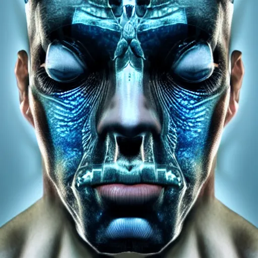 Prompt: Man with fish scales as skin, symmetrical face, photorealistic, artgerm