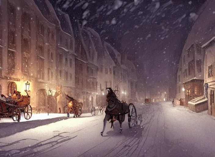 Image similar to a night scene of a snowy town with a horse drawn carriage, a detailed matte painting by anton pieck, deviantart contest winner, fantasy art, concept art, official art, matte drawing