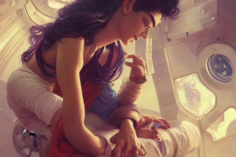 Image similar to Sensual good looking pale young Indian doctors wearing jeans in a space station above Earth, portrait, elegant, intricate, digital painting, artstation, concept art, smooth, sharp focus, illustration, art by artgerm and greg rutkowski and alphonse mucha