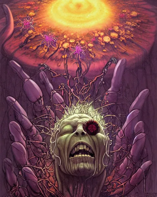 Image similar to the platonic ideal of flowers, rotting, insects and praying of cletus kasady carnage thanos davinci dementor chtulu mandala ponyo doctor manhattan the witcher, fantasy, ego death, decay, dmt, psilocybin, concept art by randy vargas and greg rutkowski and zdzisław beksinski