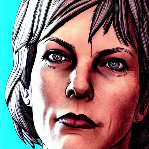 Image similar to jamie lee curtis portrait, borderlands, tales from the borderlands, the wolf among us, comic, cinematic lighting, studio quality, 8 k