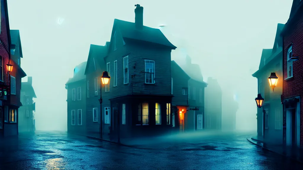 Prompt: the old town with houses in the windows of which the light is on. early morning, fog on ground, wet street. mike barr painting. volumetric light, derk cyan ambient, noir arthouse, 3 5 mm, hight detalied, hd, 4 k