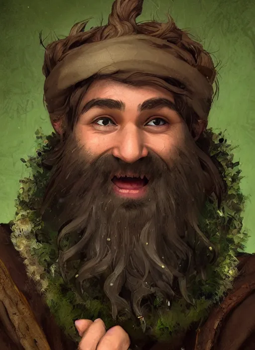 Image similar to medium-length portrait of a male gnome druid with short curly hair and brown eyes, long beard, dark brown skin, happy expression, wears a combination of dark green tunic and boiled leather, medieval setting, highly detailed, digital painting, artstation, concept art, sharp focus, illustration, art by greg rutkowski and alphonse mucha