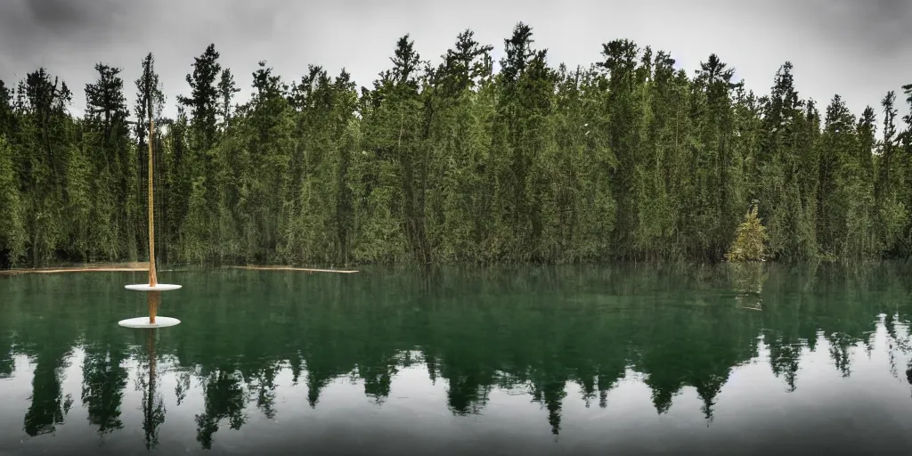 Image similar to photograph of a long rope floating on the surface of the water, the rope is snaking from the foreground stretching out towards the vortex sinkhole center of the lake, a dark lake on a cloudy day, mood, trees in the background, anamorphic lens
