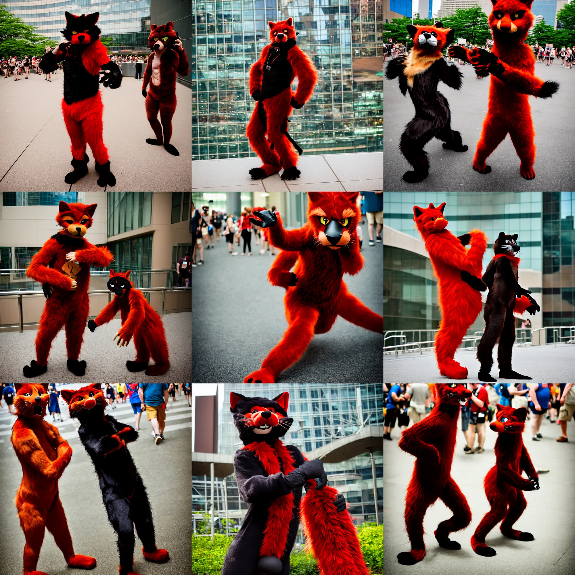 Prompt: fullbody photoshoot photo portrait of a roguish male red - black furred bipedal weasel furry fursuiter ( with tail ), taken at anthrocon ( furry convention )