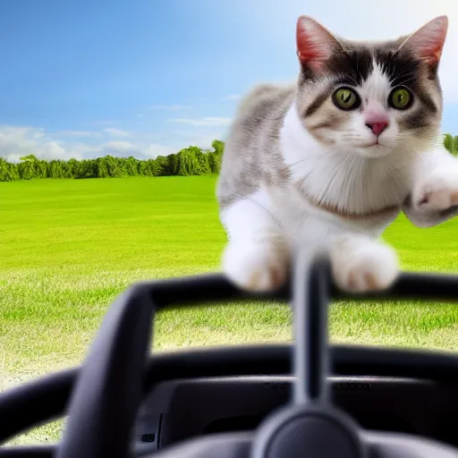 Prompt: cat driving a car with its paws on the wheel, photo, detailed, 4k