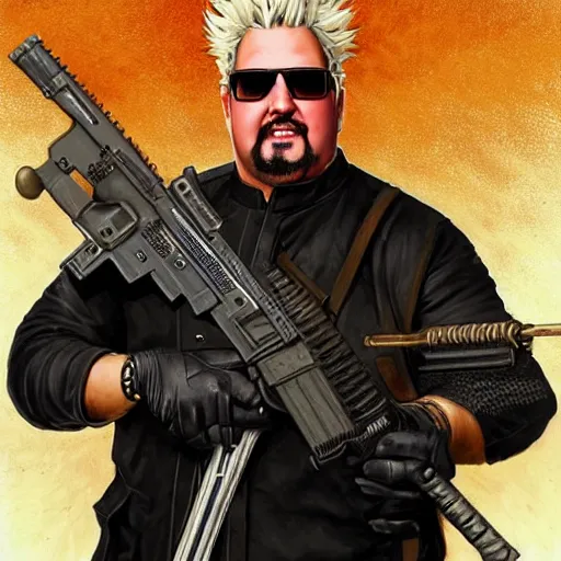 Prompt: portrait of guy fieri in tactical gear firing rifles, ethereal, handsome, d & d, fantasy, intricate, elegant, highly detailed, digital painting, artstation, concept art, matte, sharp focus, illustration, art by artgerm and greg rutkowski and alphonse mucha