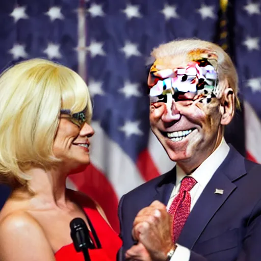 Image similar to photograph of Joe Biden and a gray alien wearing a blonde wig and a red dress, at a press conference