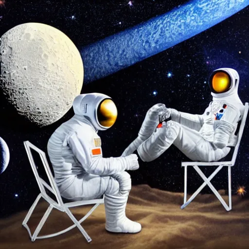 Prompt: Space Cowboy and Astronaut sitting on a chair with studio lighting, time traveling in space while looking at the dark side of the moon, highly detailed, NASA photo style, psychedelic, photo realism