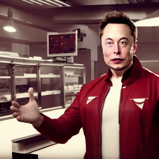 Image similar to elon musk working as a minimum wage employee in 7/11, realistic artstyle, wide shot, dramatic lighting, octane render, hyperrealistic, high quality, highly detailed, artstation, HD, beautiful, cinematic, 8k, unreal engine, facial accuracy, symmetrical