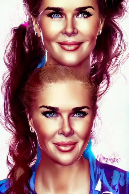 Image similar to mix of beautiful young maria shriver, mariel hemmingway, brooke shields, nicole kidman and elle macpherson as a zumba instructor, thin lips, hair tied up in a pony tail, dark blonde hair, colorful, artstation, cgsociety