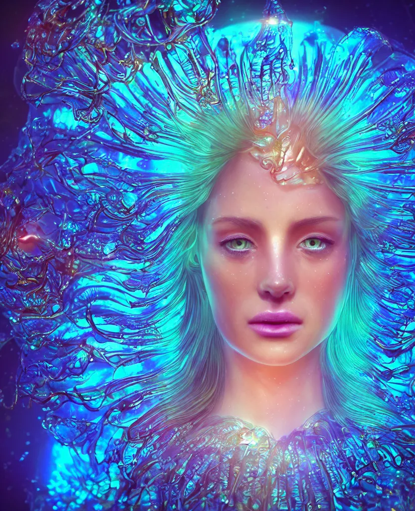 Image similar to iridescent close-up macro portrait of the face of a beautiful princess, epic angle and pose, symmetrical artwork, 3d with depth of field, blurred background, cybernetic jellyfish female face skull phoenix bird, translucent, nautilus, energy flows of water and fire. a highly detailed epic cinematic concept art CG render. made in Maya, Blender and Photoshop, octane render, excellent composition, cinematic dystopian brutalist atmosphere, dynamic dramatic cinematic lighting, aesthetic, very inspirational, arthouse. y Greg Rutkowski, Ilya Kuvshinov, WLOP, Stanley Artgerm Lau, Ruan Jia and Fenghua Zhong