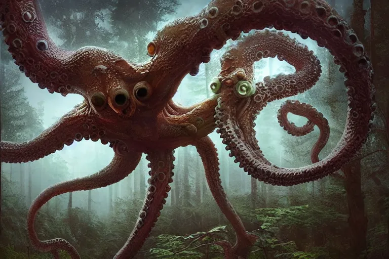 Prompt: alien octopus monster in a swedish forest, very low angle photograph, very detailed, trending on artstation, realistic, soft colors, simon stålenhag