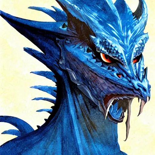 Prompt: half length portrait of a medieval d & d fantasy anthropomorphic blue dragon, comic book cover art by dave mckean