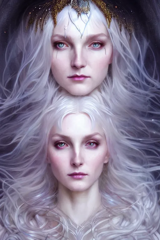 Image similar to realistic portrait of a beautiful white witch, crafting spells, bright witch, beautiful face, fantasy, chaos, magic, dark magic, dramatic lighting, intricate, wild, highly detailed, digital painting, artstation, concept art, smooth, sharp focus, illustration, art by artgerm and greg rutkowski and alphonse mucha, footage from space camera