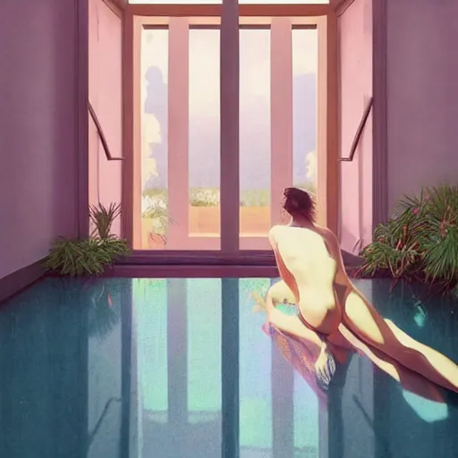 Prompt: indoor liminal space, golden light, greg rutkowski, palm trees, pink door, minimalistic, hyperrealistic surrealism, award winning masterpiece with incredible details, epic stunning, infinity pool mirrors, a surreal vaporwave liminal space with mirrors, highly detailed, trending on artstation, artgerm and greg rutkowski and alphonse mucha, daily deviation