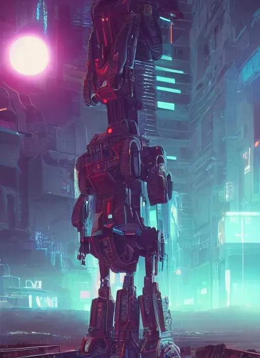 Image similar to a painting of a giant robot standing in front of a post apocalyptic city ruins, cyberpunk art by beeple, artstation hd, dystopian art, apocalypse art, sci - fi, glowing neon lights anamorphic lens flare