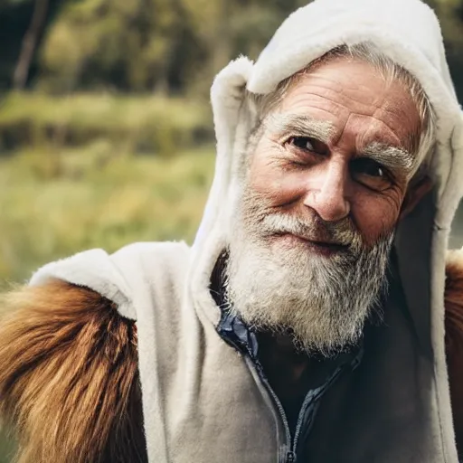 Image similar to old man ( long white beard and a hood ) riding on lions back