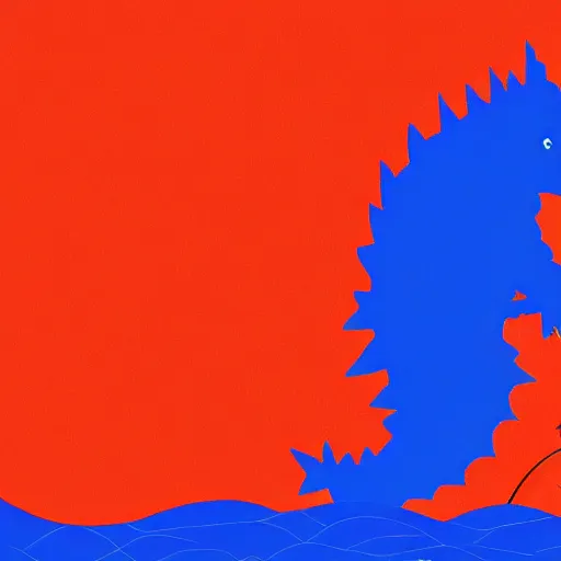 Image similar to a blue water wave in the silhouette shape of Godzilla, cartoon drawing