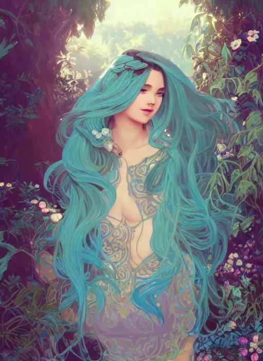 Image similar to beautiful girl with long turqoise hair in a garden, cute, intricate, highly detailed, digital painting, trending on artstation, concept art, smooth, sharp focus, backlit, rim light, vivid colors, illustration, unreal engine 5, 8 k, art by rossdraws and alphonse mucha