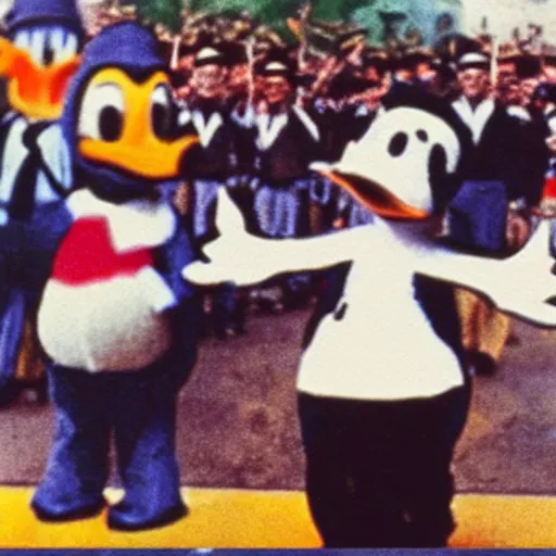 Image similar to historic colorized photograph of colorful donald duck at a nazi parade in 1 9 3 6