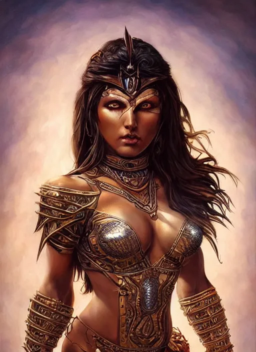 Image similar to a highly detailed symmetrical full body painting of a female amazon warrior with piercing beautiful eyes in dark tomb setting, dynamic lighting, ambient lighting, deviantart, art by artgerm and karol bak and mark brooks