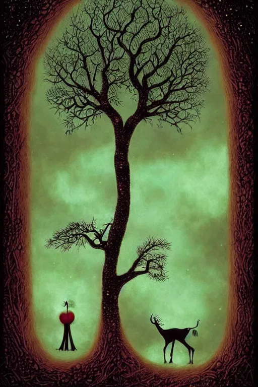 Prompt: surreal, fantasy, fairytale animals, apple tree, haunted woods in silhouettes, by andy kehoe